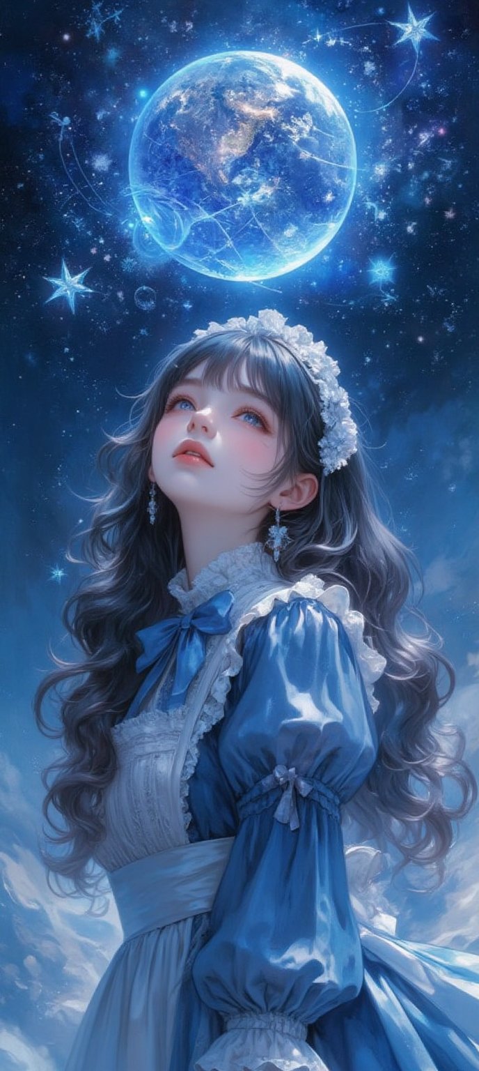 A whimsical portrait of a girl with striking heterochromia,  her bright blue eyes shining beneath bangs framing her gentle...
