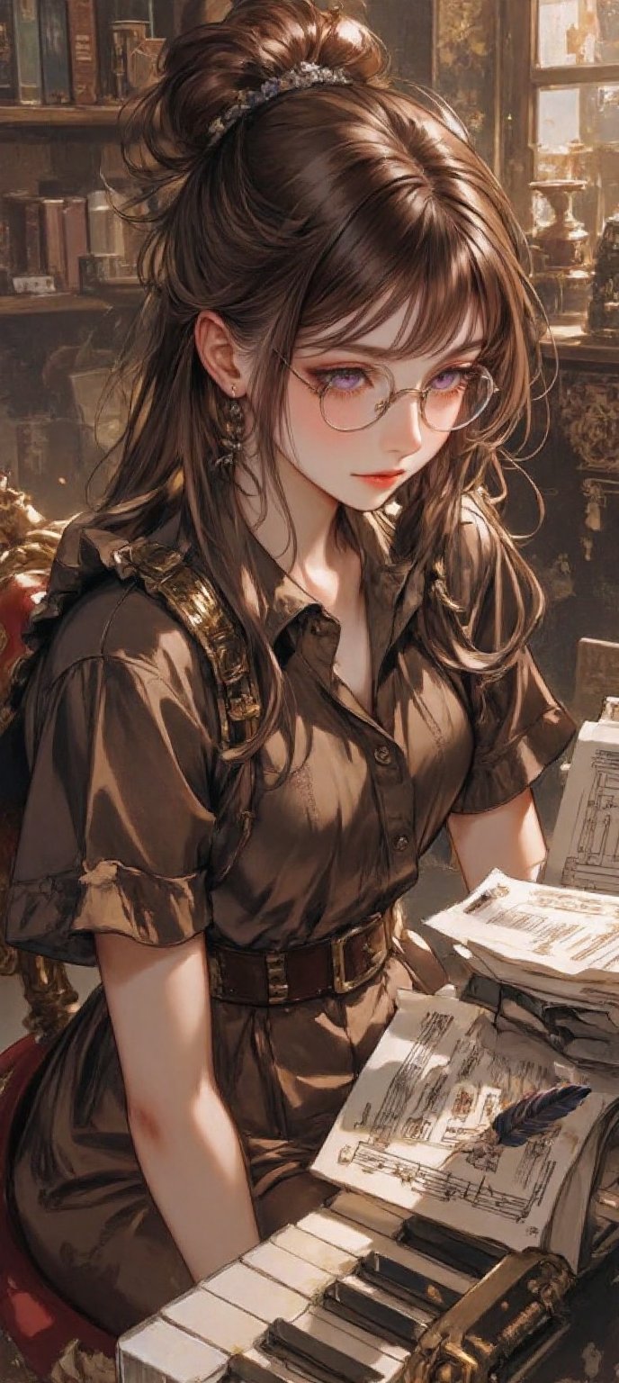 A young girl with long,  brown hair and bangs sits alone,  her purple eyes gazing down at a stack of sheet music on the ta...