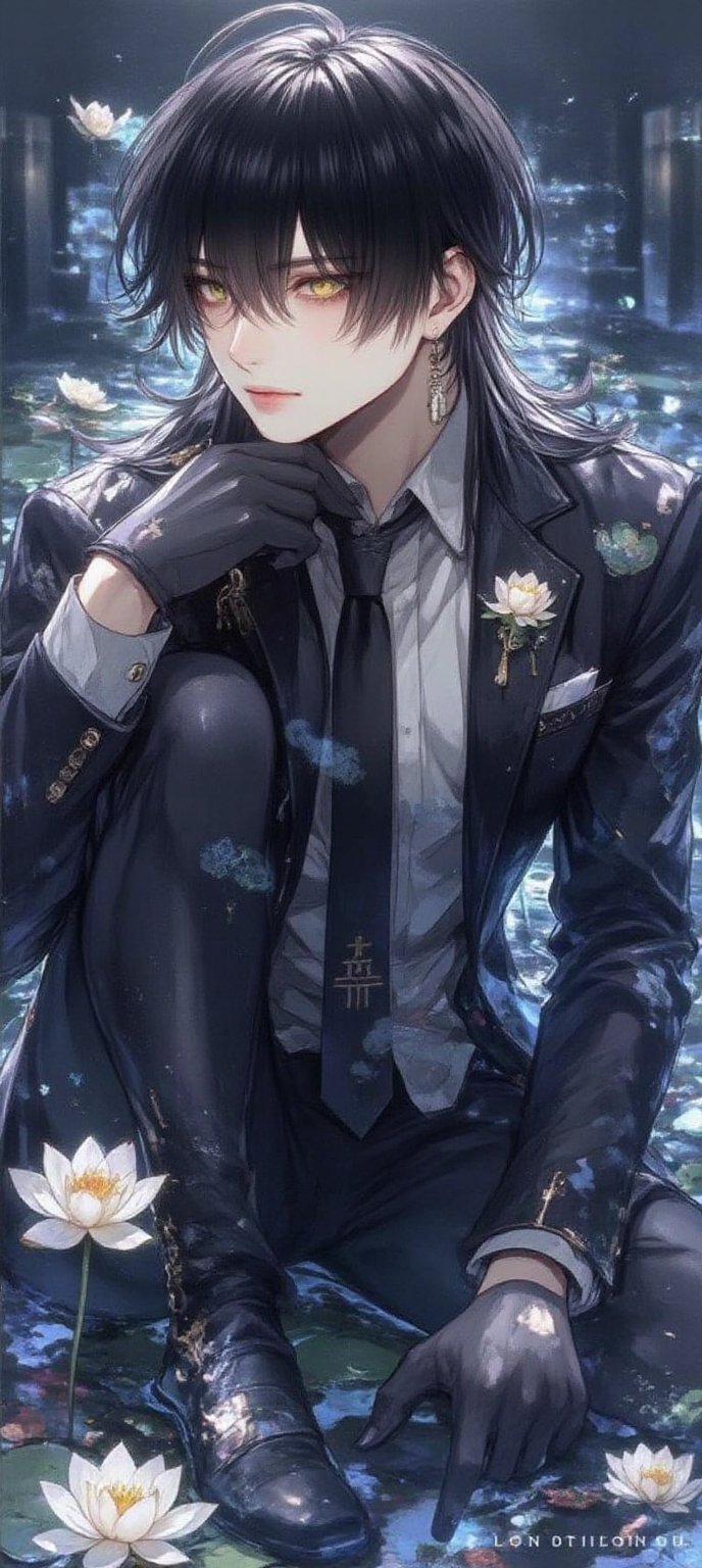 A serene Zhongli sits on a lily pad,  surrounded by the tranquil atmosphere of a misty pond. His long hair with gradient h...