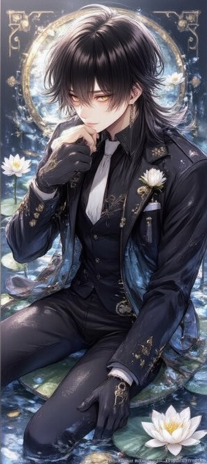 A serene Zhongli sits on a lily pad,  surrounded by the tranquil atmosphere of a misty pond. His long hair with gradient h...