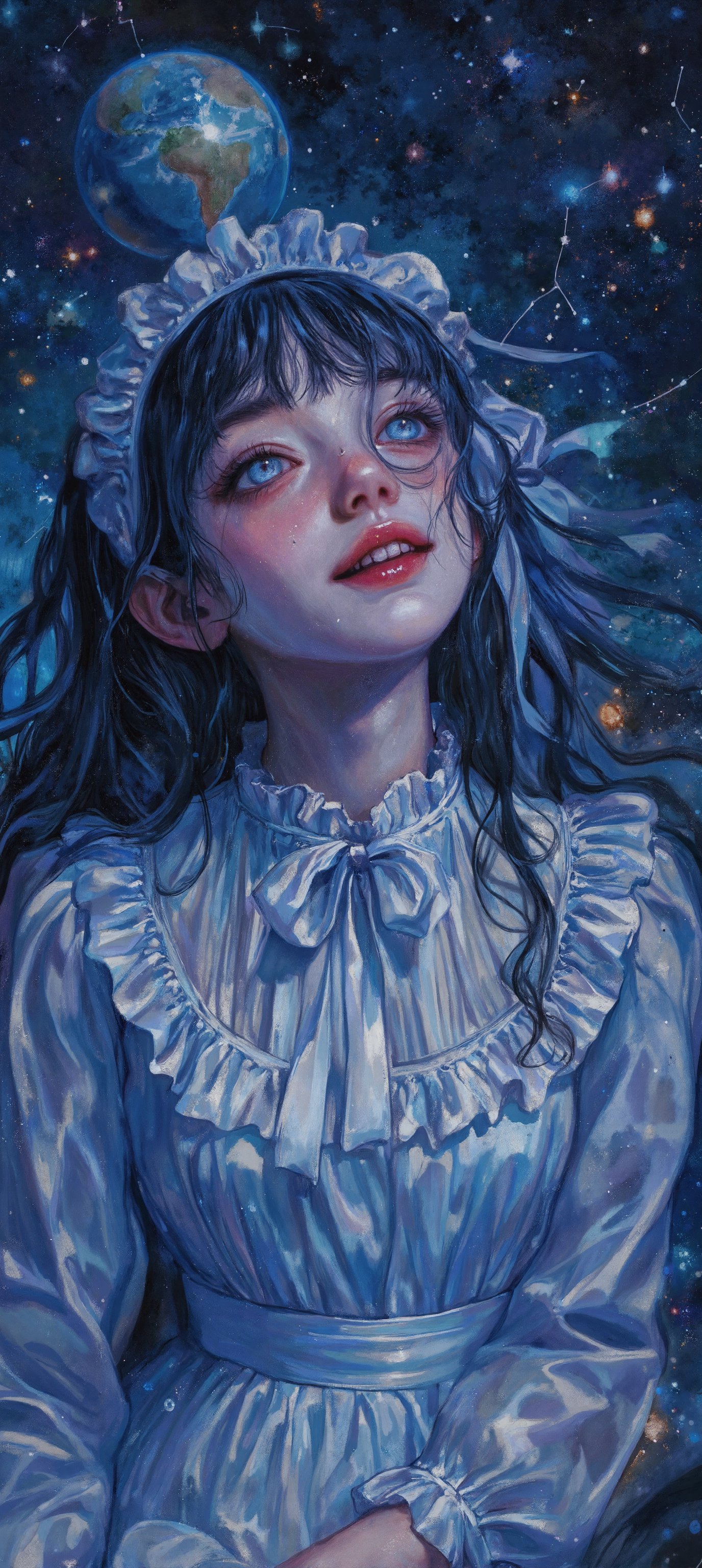 A whimsical portrait of a girl with striking heterochromia,  her bright blue eyes shining beneath bangs framing her gentle...