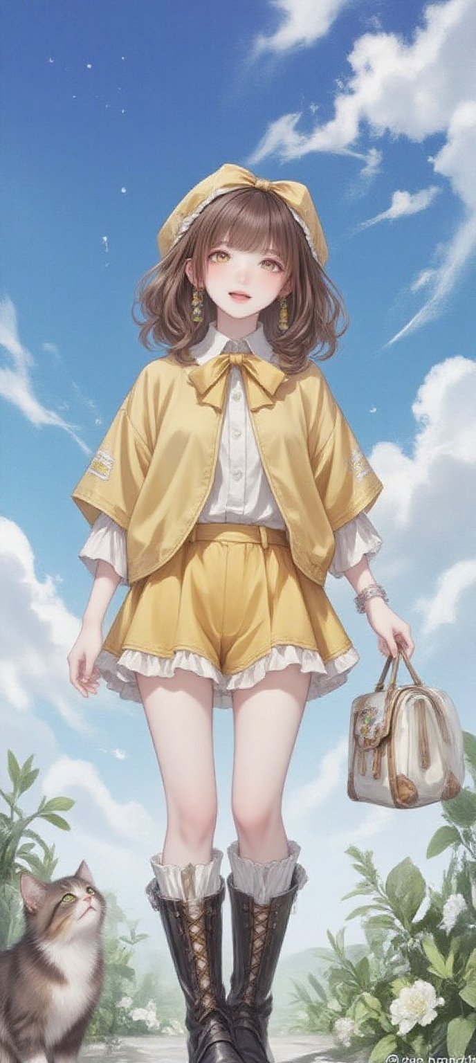 A young girl with long,  curly brown hair and bangs,  sporting a bright smile and open mouth. She wears a yellow shirt wit...