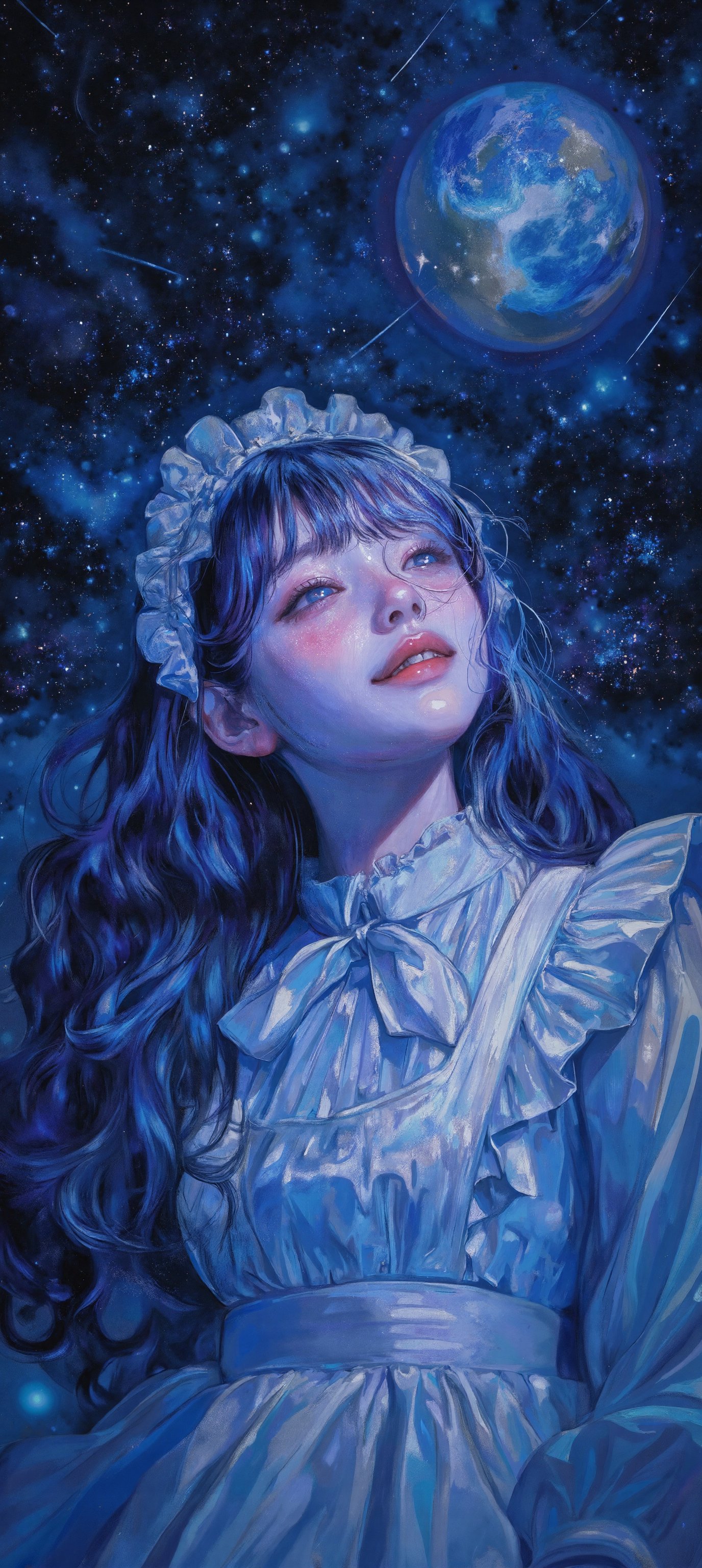 A whimsical portrait of a girl with striking heterochromia,  her bright blue eyes shining beneath bangs framing her gentle...