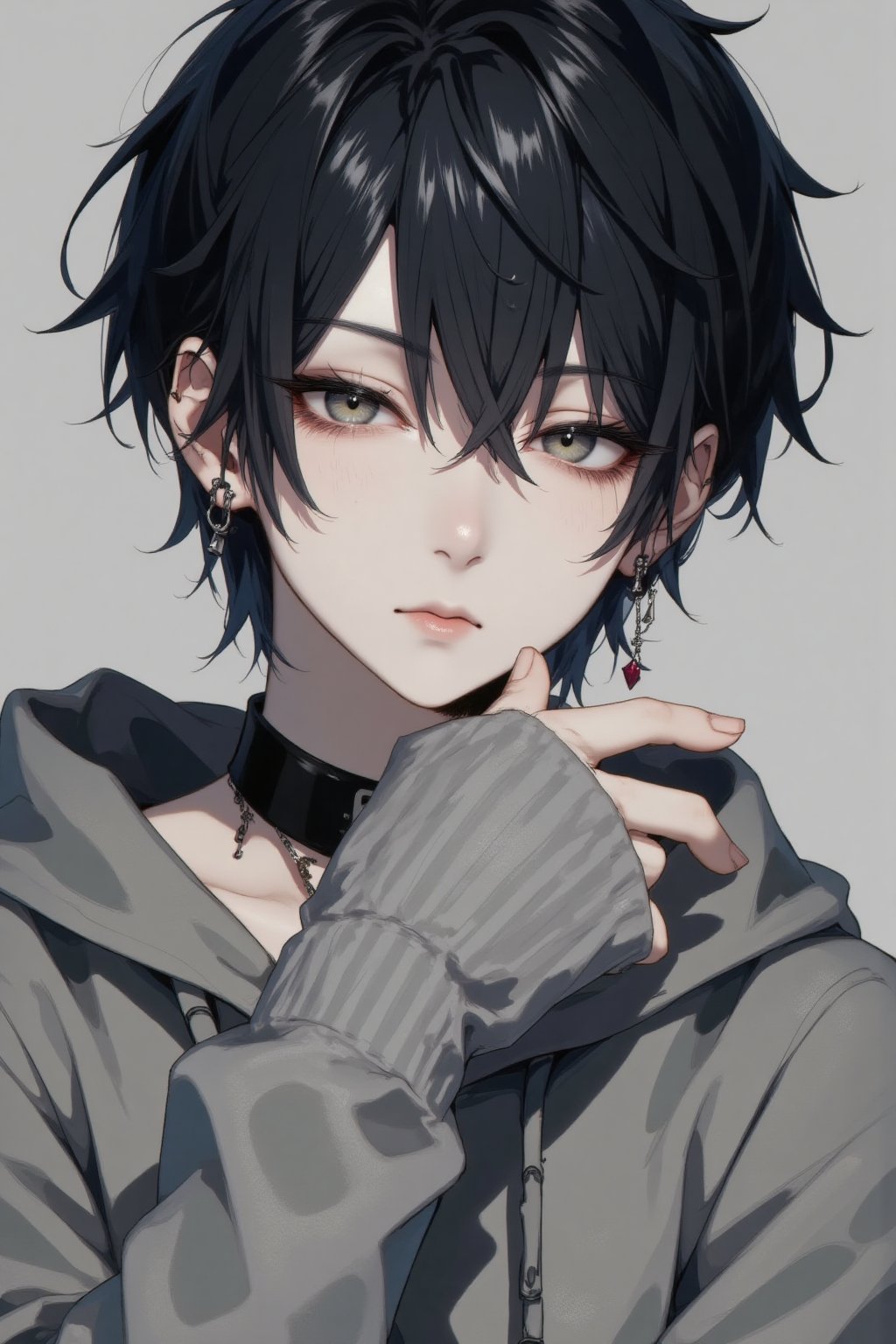 A close-up shot of a solo male figure,  gazing directly at the viewer with a piercing gaze. His short hair is styled neatl...