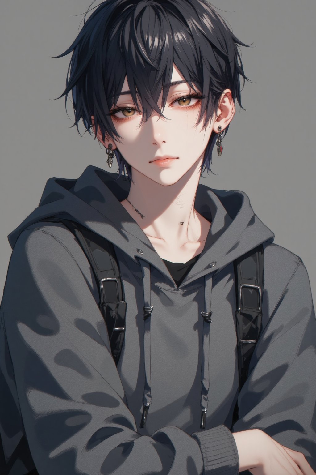 A close-up shot of a solo male figure,  gazing directly at the viewer with a piercing gaze. His short hair is styled neatl...