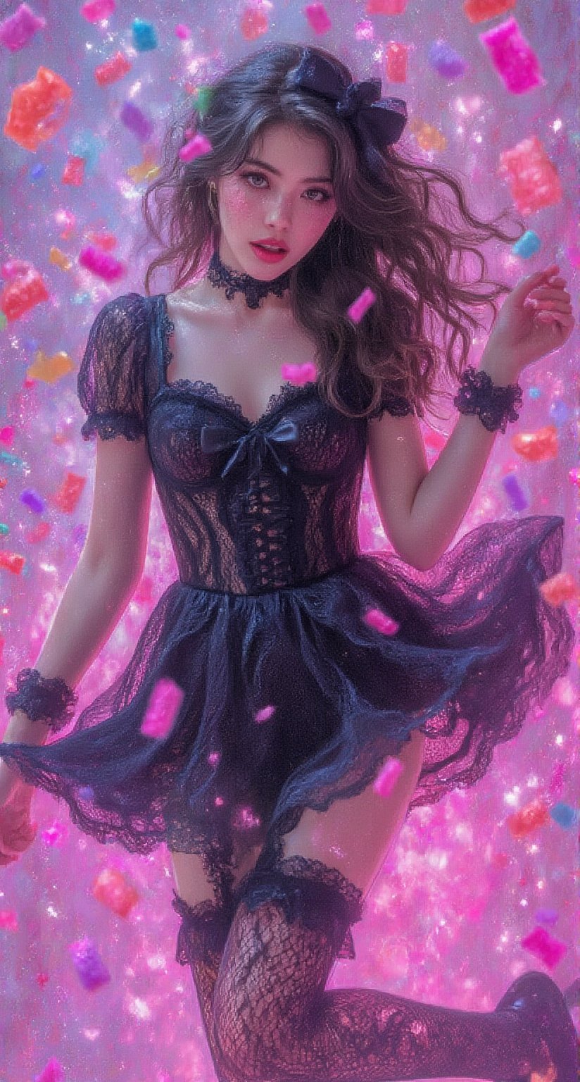 An eye-catching full-body portrait of a young woman with a strong and sweet gaze. In a dreamy environment, she was surrounded by colorful Lacasito candy. The color palette features soft tones of pink purple and dark purple, creating a whimsical and surreal atmosphere. The woman's expression conveys the fusion of warmth and conspiracy, while the candy adds a playful and energetic touch to the composition. Wearing a black Lolita costume, she jumps up. The skirt was lifted.
