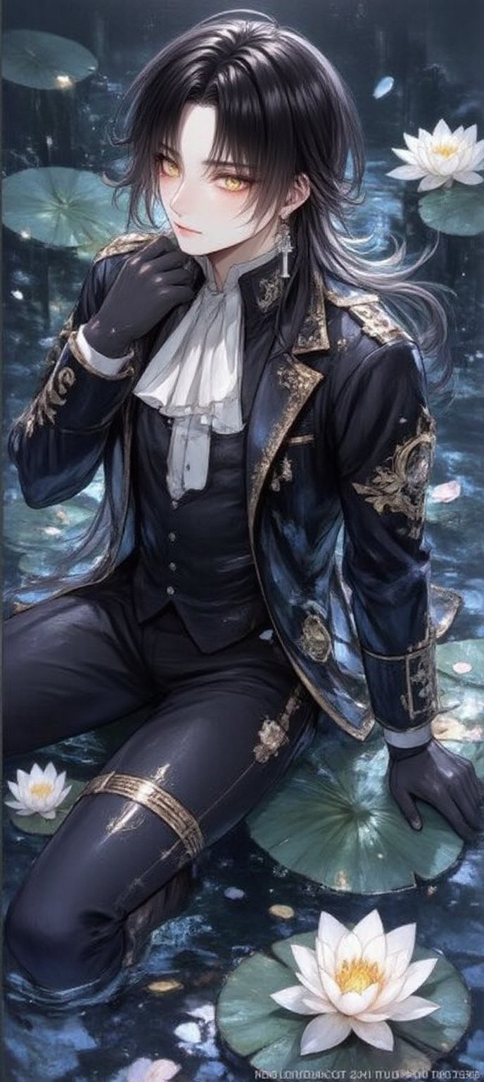 A serene Zhongli sits on a lily pad,  surrounded by the tranquil atmosphere of a misty pond. His long hair with gradient h...