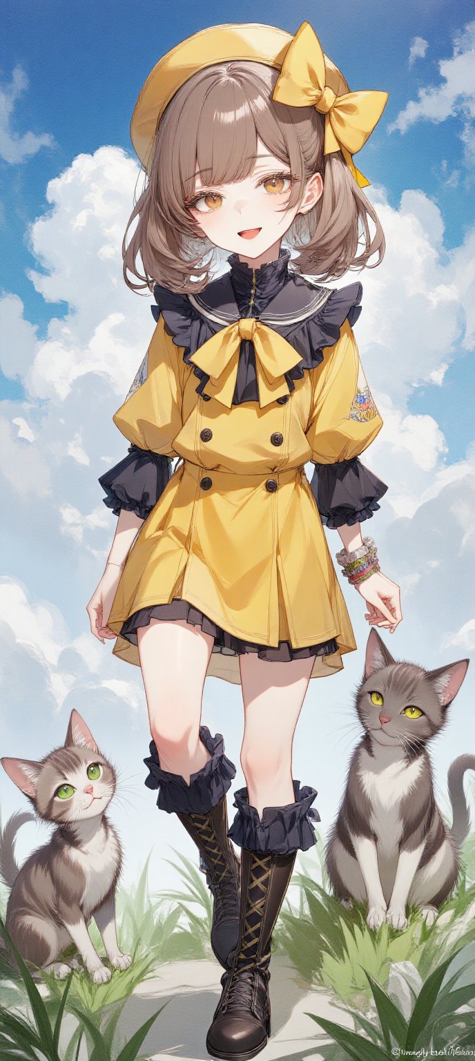 A young girl with long,  curly brown hair and bangs,  sporting a bright smile and open mouth. She wears a yellow shirt wit...