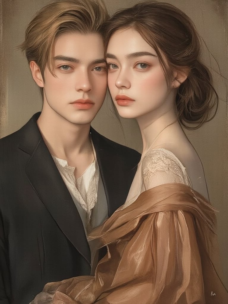 Full-body portrait, elegant posture, A couplee,A man and a woman, fashionable posture,hug,kiss, beautiful Asian beauties and handsome men,with a tall, sexy, and well-proportioned figure, dressed in fashionable clothes with a stylish, aristocratic feel that is both casual and elegant. The artwork features a detailed, realistic depiction in watercolor and gouache, showcasing a lifelike quality and masterpiece status. The 128K resolution captures colored light wavelengths, attractive reflections, and a fine gouache sketch in the center. The modern art style highlights the beauty's allure and sophistication.,3d render,(masterpiece:1.3), (8k, photorealistic, RAW photo, best quality: 1.4), (1girl), beautiful face, (realistic face), beautiful hairstyle, realistic eyes, beautiful detailed eyes, (realistic skin), beautiful skin, clean skin, ultra high res, ultra realistic, hightly detailed, golden ratio,dal,dal, K_GIRL,Nicoletta Ceccoli X Daria Petrilli art