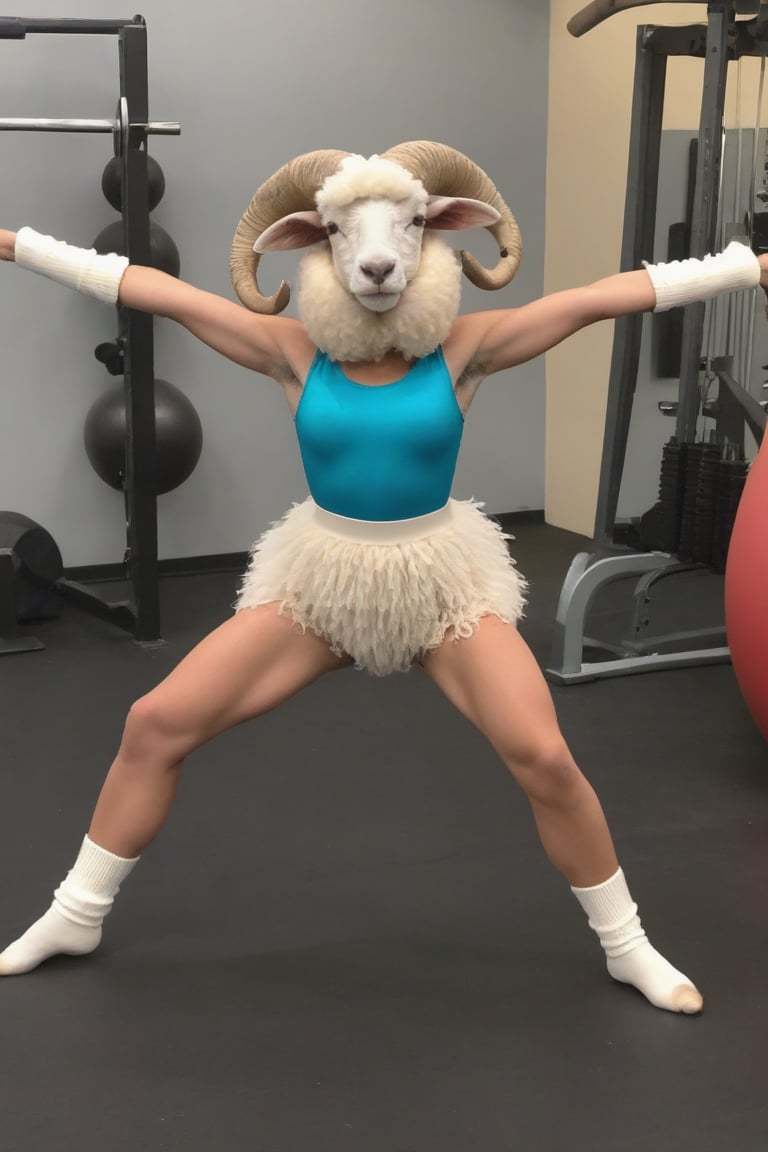 Anthropomorphic sheep wearing leg warmers and leotard,  in gym,  doing the splits by Wabbit on Tensor.Art