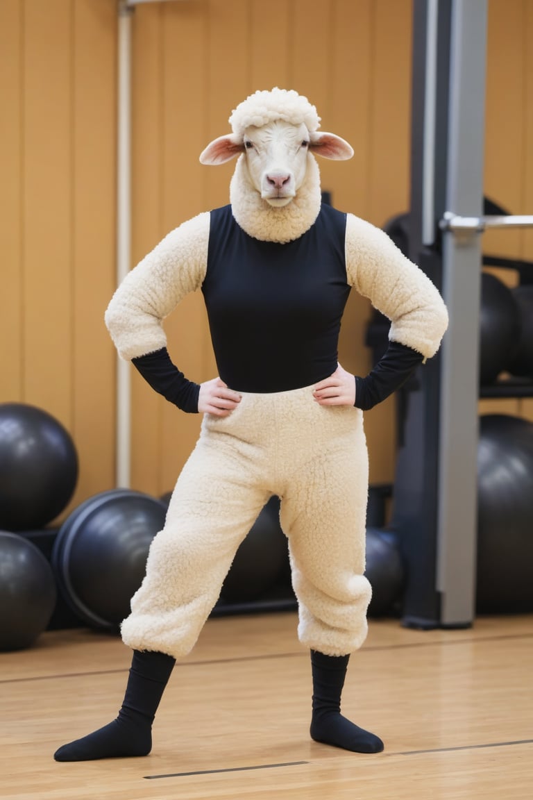 Anthropomorphic sheep wearing leg warmers and leotard,  in gym by Wabbit on Tensor.Art