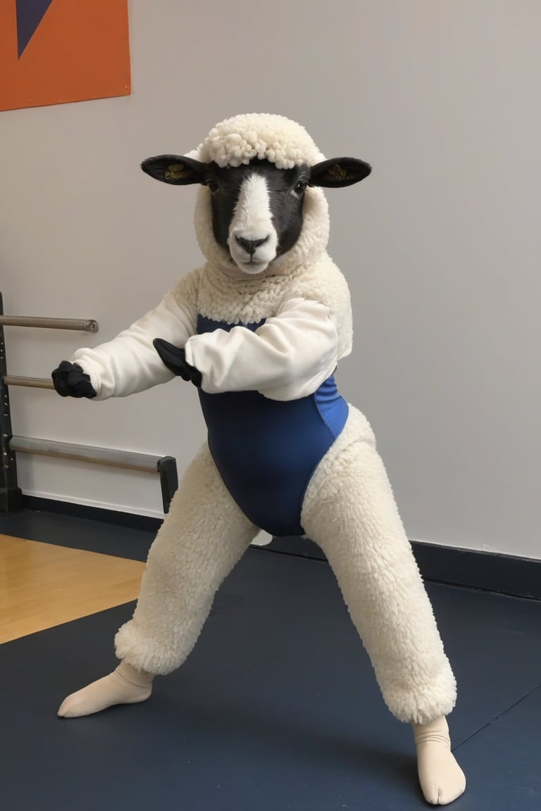 Anthropomorphic sheep wearing leg warmers and leotard,  in gym,  doing the splits by Wabbit on Tensor.Art