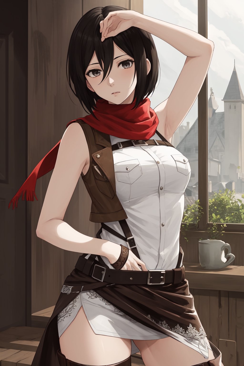 (masterpiece, best quality:1.2), solo, Mikasa Ackerman ,
Mikasa is a fairly tall and well-toned woman. She is of partial Asian heritage, with pale skin, gray eyes, and shaggy black hair that was long until she cut it to chin-length. 
a sleeveless white shirt, light brown jacket with the badge of the squad on both shoulders, on the front left pocket and on the center of the back, a light-colored shirt, a dark brown leather hip wrap skirt, and dark brown knee-high leather boots. a red scarf that she almost always wears.
Mikasa Ackerman, Smooth and flawless armpits, Smooth and flawless skin, 
(ultrahigh resolution textures), in dynamic pose, bokeh, (intricate details, hyperdetailed:1.15), detailed, HDR+, ,Xter, Mikasa Ackerman, european town background.