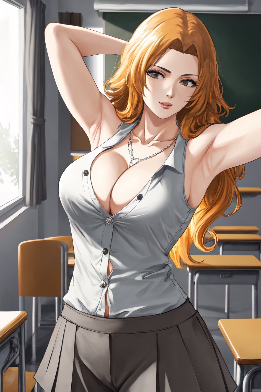 (masterpiece, best quality:1.2), solo, 1girl, matsumoto rangiku, looking at viewer, 
sleeveless White shirt with several buttons undone, White shirt, white buttons, White top,
Gray pleated short skirt, Gray skirt
smile, big large breasts, (big breasts:0.5), bare shoulders, a thin golden necklace tucked between her cleavage, Orange wavy long curly hair, shiny skin, perfect body, Reveal cleavage, 
(ultrahigh resolution textures), in dynamic pose, bokeh, (intricate details, hyperdetailed:1.15), detailed, HDR+, showing armpit,
school classroom interior background, matsumoto rangiku,MeikoDef, Xter