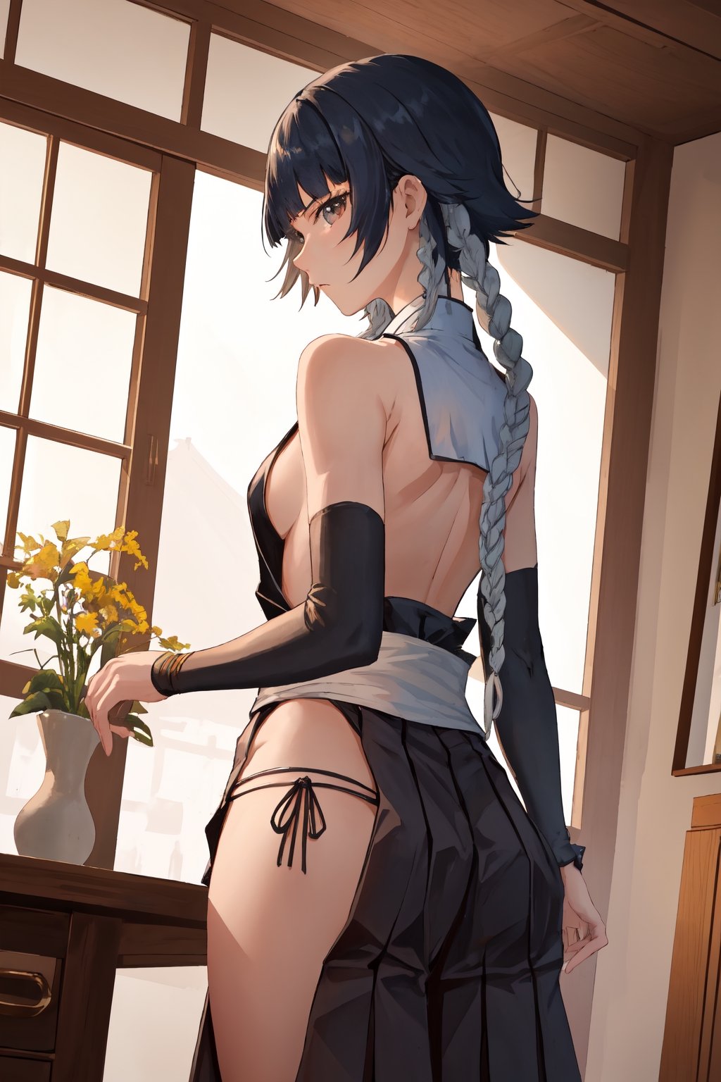 (masterpiece, best quality:1.2), solo, 1girl, soifon, expressionless, looking at viewer, a relatively petite woman with gray eyes and black hair which she wears short with two long braids bound in white cloth, each ending in a large golden ring.  japanese clothes, sideboob, black pleated short skirt, short skirt, hip vent, detached sleeves, bare shoulders ,soifon,MeikoDef, small breasts, Japanese style house interior ,backless, short black hair, showing armpit, ,BACK VIEW