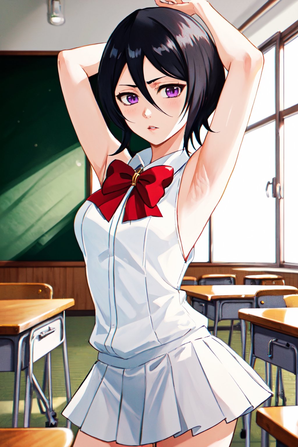 (masterpiece, best quality:1.2), solo, 1girl, Rukia Kuchiki, looking at viewer, 
Rukia Kuchiki, Short and petite, has light skin and purple eyes. Her hair is black, with several strands of hair always hanging between her eyes. 
sleeveless White shirt, White shirt, Gray pleated short skirt, Gray skirt, Smooth and flawless armpits, Smooth and flawless skin, Red bow-knot, 
classroom interior, backless, short black hair, showing armpit,
(ultrahigh resolution textures), in dynamic pose, bokeh, (intricate details, hyperdetailed:1.15), detailed, HDR+, showing armpit,
Japanese style house interior background, ,MeikoDef, Xter, long hair,Rukia,kuchikirukia,kuchiki_rukia, 