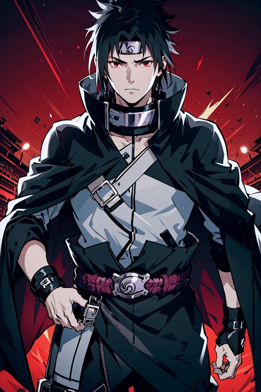 (masterpiece, best quality), , cowboy shot, solo, male focus, 1boy, Sasuke Uchiha, slight smile, looking at viewer, 
black eyes and spiky black hair with a blue tint. Sasuke's hair is long, very handsome. 
black cloak, a maroon cinch on the collar, and maroon lining. His long-sleeved shirt gains light grey cuffs, and he wears a pair of brown leather belts with a black sheath for his sword, 
The whole body exudes black and red and purple aura, black and red and purple background,

(ultrahigh resolution textures), in dynamic pose, bokeh, (intricate details, hyperdetailed:1.15), detailed, HDR+, ,male,Naruto uzumaki ,n4rut0,s4suk3