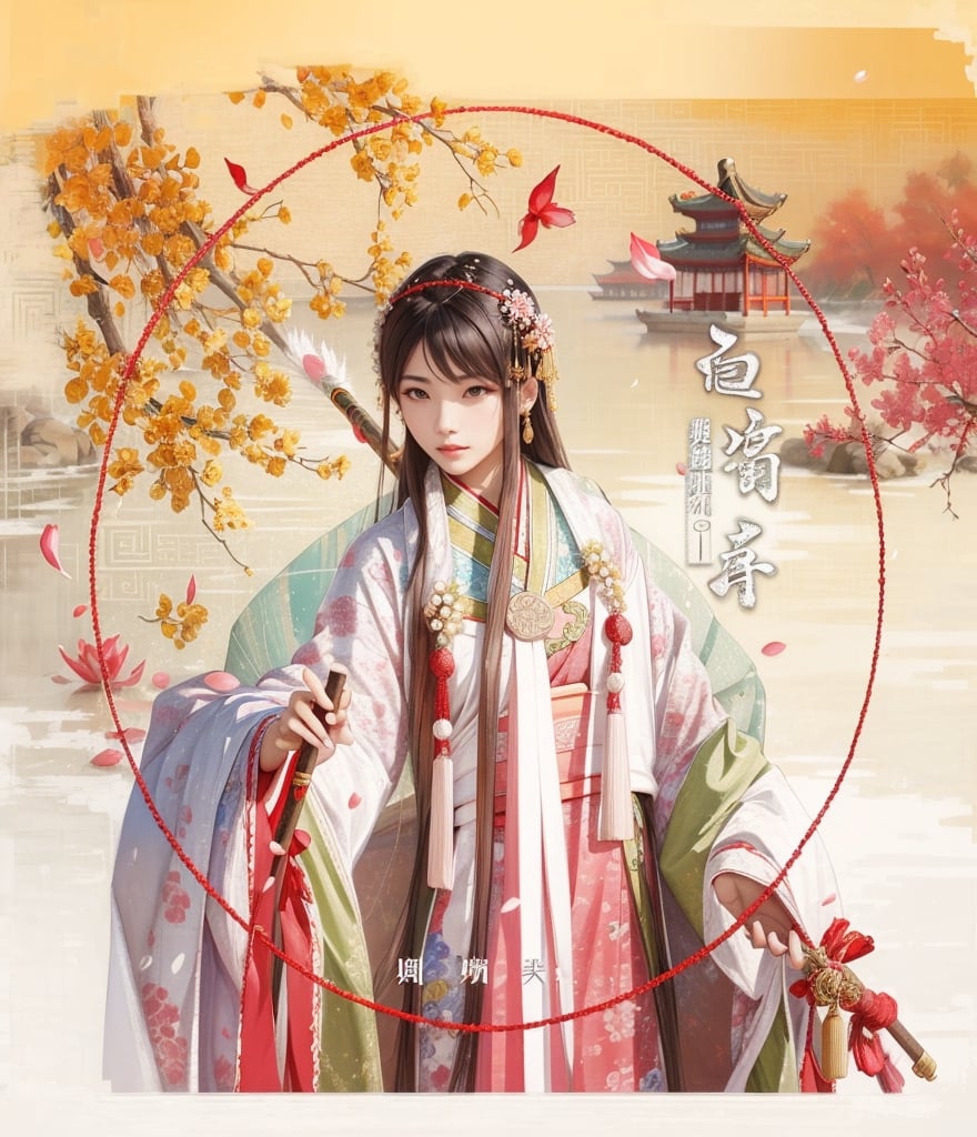 (masterpiece, best quality), , cowboy shot, solo, female, 1girl, looking at viewer, 
A woman in Chinese ancient costume, with long brown hair, bangs on her forehead, a cute face, pink ancient clothes, holding a pink spear,
The whole body exudes energy, with ancient Chinese courtyard background and falling petals.
(ultrahigh resolution textures), in dynamic pose, bokeh, (intricate details, hyperdetailed:1.15), detailed, HDR+, ,female, Gongbi painting. 
,hanfu