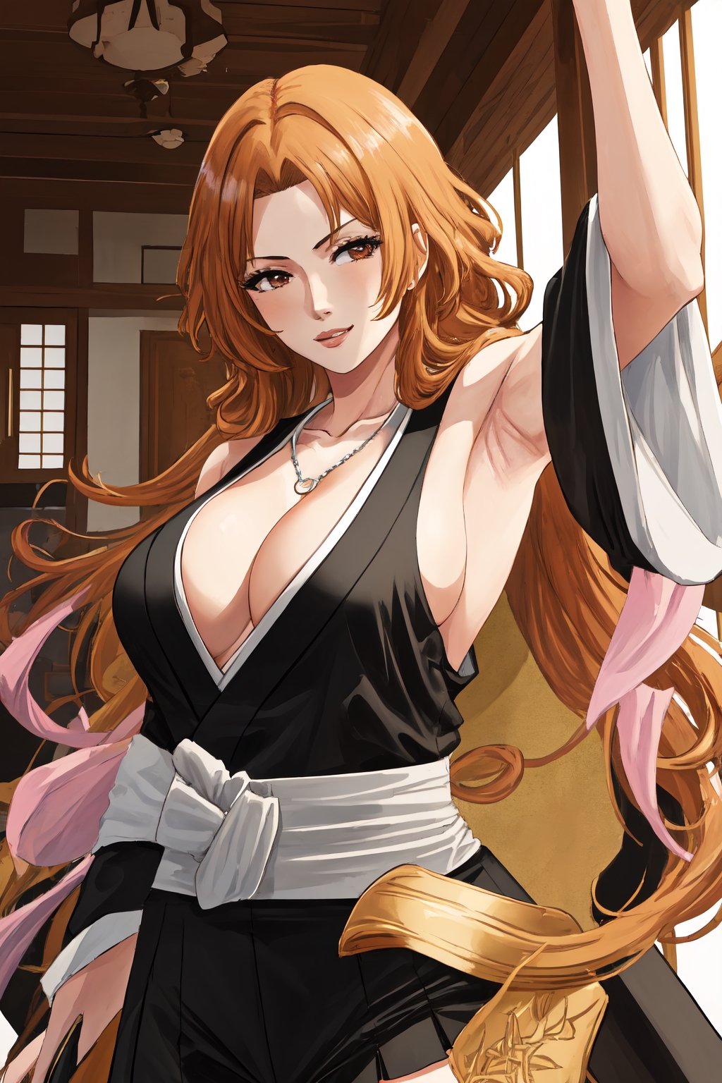 (masterpiece, best quality:1.2), solo, 1girl, matsumoto rangiku, looking at viewer, 
black japanese clothes, backless, sideboob, armpit, black pleated short skirt, side hip vent, detached sleeves, smile, big large breasts, (big breasts:0.5), bare shoulders, a thin golden necklace tucked between her cleavage, a long pink scarf over her shoulders, Orange wavy long curly hair, shiny skin, perfect body, Reveal cleavage, 
(ultrahigh resolution textures), in dynamic pose, bokeh, (intricate details, hyperdetailed:1.15), detailed, HDR+, showing armpit,
Japanese style house interior background, matsumoto rangiku,MeikoDef, backless, backless ,Xter