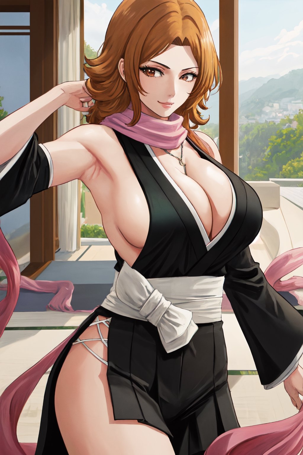 (masterpiece, best quality:1.2), solo, 1girl, matsumoto rangiku, looking at viewer, 
black japanese clothes, backless, sideboob, armpit, black pleated short skirt, side hip vent, detached sleeves, smile, big large breasts, (big breasts:0.5), bare shoulders, a thin golden necklace tucked between her cleavage, a long pink scarf over her shoulders, Orange wavy long curly hair, shiny skin, perfect body, Reveal cleavage, 
(ultrahigh resolution textures), in dynamic pose, bokeh, (intricate details, hyperdetailed:1.15), detailed, HDR+, showing armpit,
Japanese style house interior background, matsumoto rangiku,MeikoDef, backless, backless ,Xter