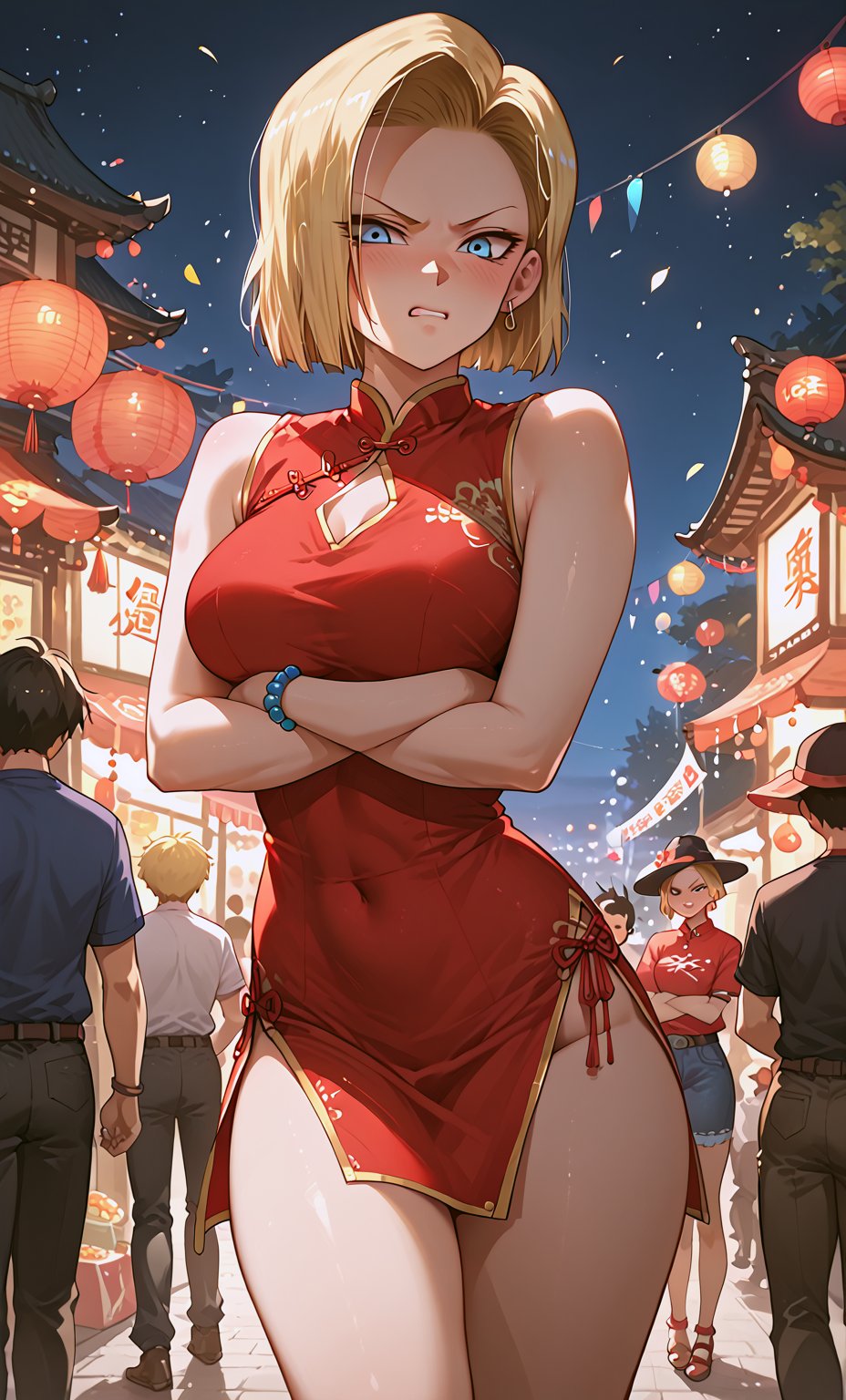 Score_9, Score_8_up, Score_7_up, Score_6_up, Score_5_up, Score_4_up, source_cartoon, perfect anatomy,
1girl, solo, red china dress, china_street, night, festival, firework, short dress,
Android18 /(Dragon Ball)/, blonde hair , blue eyes, short hair, short hair, party, angry, shy, blushing, arms crossed,