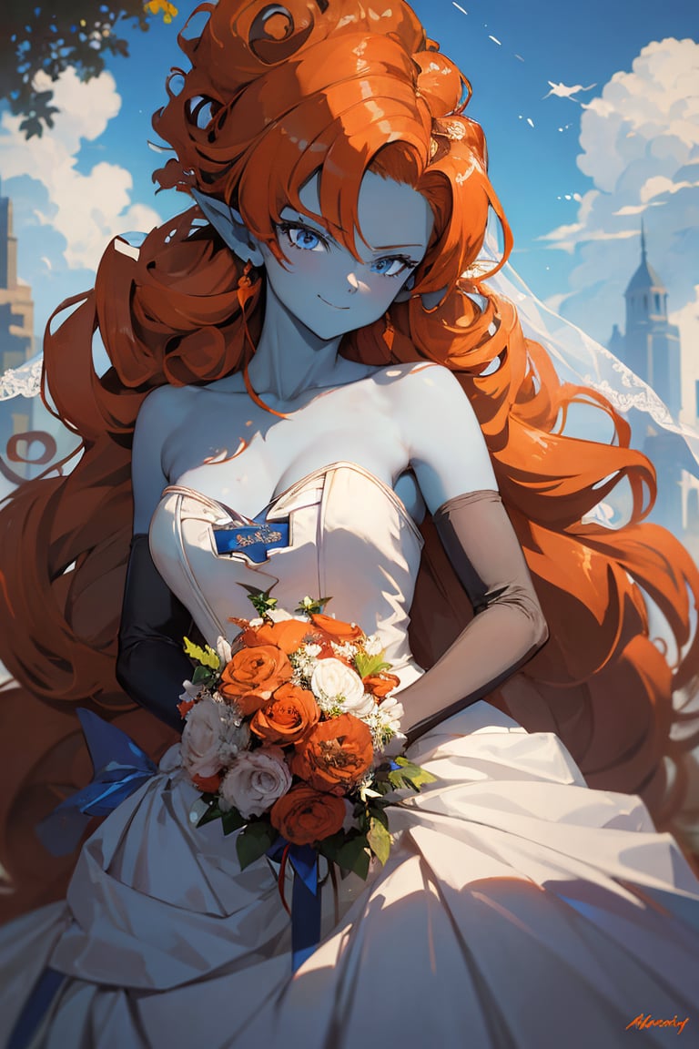 ((masterpiece,best quality)), absurdres,  BREAK, , ,  zZangya, blue eyes, blue skin, pointy ears, orange hair, curly hair, long hair, big hair, , BREAK, bride, wedding dress, bridal veil, strapless dress, elbow gloves, holding bouquet,, BREAK, solo, smile, looking at viewer, cowboy shot,