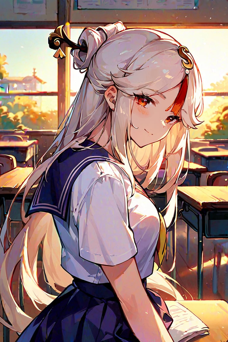 score_9, score_8_up, score_7_up, source_anime, 1girl, ningguang \(genshin impact\), parted bands, aged down, school uniform, serafuku, cowboy shot, backlighting, sunbeam, sunset, classroom, indoors, window, light smile, blush, looking at viewer, depth of field 