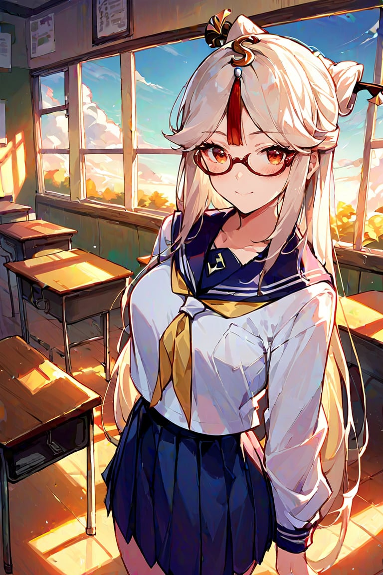 score_9, score_8_up, score_7_up, source_anime, 1girl, ningguang \(genshin impact\), parted bands, glasses, school uniform, serafuku, cowboy shot, backlighting, sunbeam, sunset, classroom, indoors, window, light smile, blush, looking at viewer, depth of field 