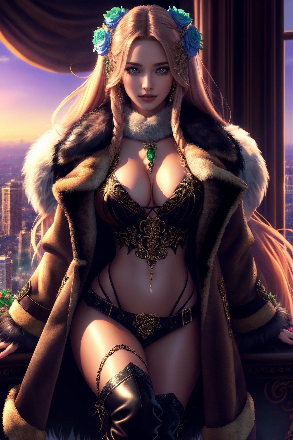 Masterpiece in maximum 16K resolution, anime style with erotic and tribal elements. | A beautiful elf maiden with long straightened shining light brown hair with a fluffy soft fox tail and ears wearing her soft short dark fluffy Freya Belted Fur Coat, the body is covered with a Freya Belted Fur Coat, wearing headband with blue roses, wearing white fur boa, wearing fur trim collar, wearing fur trimmed fluffy cuffs, wearing black fur boots. Her body is drenched in sweat, highlighting her sensual curves and muscles toned. She has several tribal tattoos on her body, adding an exotic and mysterious touch to her appearance, adding a feminine and seductive touch to her image. Her green eyes with a seductive gaze, conveying a sense of desire and passion. | Maiden standing in her room with a view of the city out the window  | Balanced composition with a medium angle, emphasizing the beauty and sensuality of the woman and the exotic and mystical scenery around her. | With soft, warm lighting, creating a soft contrast between light and dark areas, highlighting the details of the coat and tattoos. Reflection effects on leaves and damp surfaces, enhancing the beauty and shine of details. | The camera is positioned very close to her, revealing her entire body as she assumes an erotic pose, interacting with and leaning against a structure in the scene in an exciting way | ((She takes an erotic pose as she interacts, boldly leaning on a structure, leaning back in an exciting way)), ((((full-body_image)))), ((perfect pose, perfect anatomy, perfect body, two legs, two hands)), ((better hands, perfect fingers, perfect legs, perfect hands)), ((average_breasts)), ((perfect composition, perfect design, perfect layout, correct imperfections) ), Add more detail, More Detail, Enhance, Masterpiece, sfw