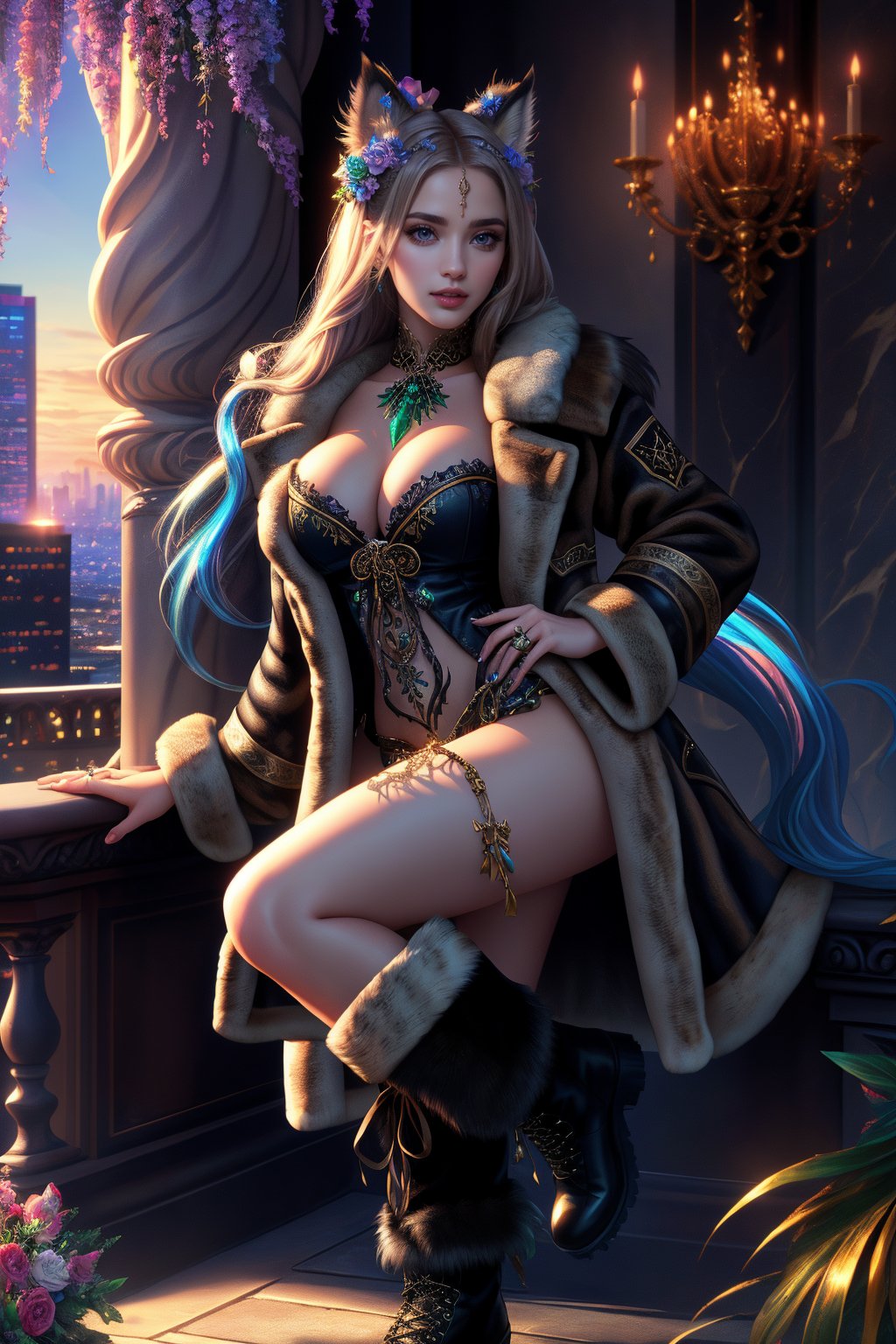 Masterpiece in maximum 16K resolution, anime style with erotic and tribal elements. | A beautiful elf maiden with long straightened shining light brown hair with a fluffy soft fox tail and ears wearing her soft short dark fluffy Freya Belted Fur Coat, the body is covered with a Freya Belted Fur Coat, wearing headband with blue roses, wearing white fur boa, wearing fur trim collar, wearing fur trimmed fluffy cuffs, wearing black fur boots. Her body is drenched in sweat, highlighting her sensual curves and muscles toned. She has several tribal tattoos on her body, adding an exotic and mysterious touch to her appearance, adding a feminine and seductive touch to her image. Her green eyes with a seductive gaze, conveying a sense of desire and passion. | Maiden standing in her room with a view of the city out the window  | Balanced composition with a medium angle, emphasizing the beauty and sensuality of the woman and the exotic and mystical scenery around her. | With soft, warm lighting, creating a soft contrast between light and dark areas, highlighting the details of the coat and tattoos. Reflection effects on leaves and damp surfaces, enhancing the beauty and shine of details. | The camera is positioned very close to her, revealing her entire body as she assumes an erotic pose, interacting with and leaning against a structure in the scene in an exciting way | ((She takes an erotic pose as she interacts, boldly leaning on a structure, leaning back in an exciting way)), ((((full-body_image)))), ((perfect pose, perfect anatomy, perfect body, two legs, two hands)), ((better hands, perfect fingers, perfect legs, perfect hands)), ((average_breasts)), ((perfect composition, perfect design, perfect layout, correct imperfections) ), Add more detail, More Detail, Enhance, Masterpiece, sfw