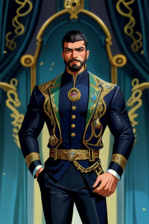 handsome Latino male, emperor of skarland, ((detalied face)), ((detalied eyes)), painting, Intricate, Sharp focus, dramatic, portrait, elegant suite pants, elegant jacket, muscular, short beard, elegant pose, royal palace hall background, professional,1boy