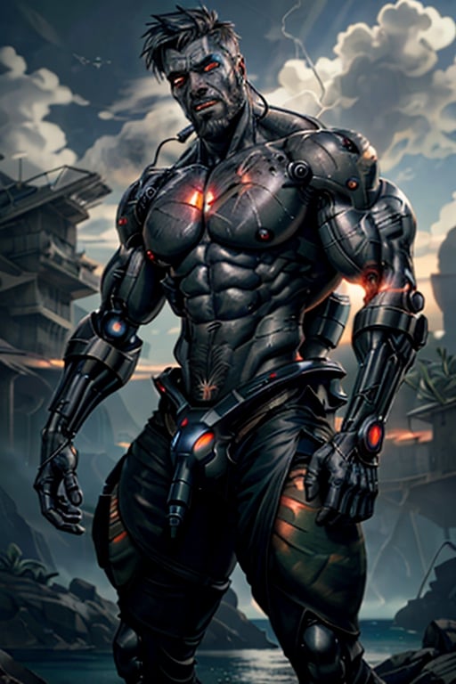 cyborg, handsome, cybernetic implants, detailed glowing eyes, muscles, scars on the body from assimilation by machines, nanotubes transmitting assimilation nanites inserted into their necks by a drone, heavily damaged tight tactical pants with tactical belt, topless, short beard, hairy, cybernetic arm, venis, light smoke, ((tropical island)), day, post-apocalyptic beach background, ((detailed face)), HDR, 8k, horror, photy by greg rutkowski, the best quality