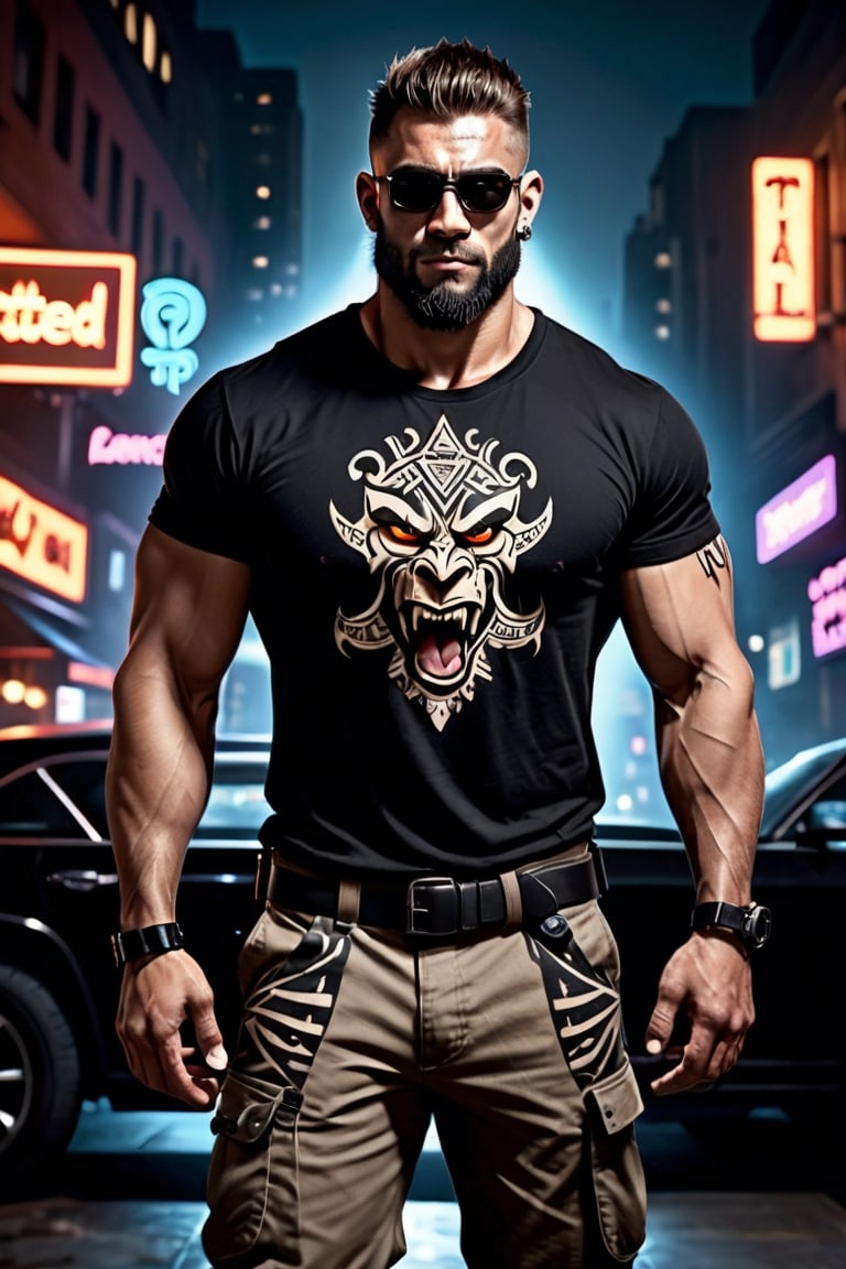 (masterpiece), handsome, arogant, smirk, young, bodyguard, bara, muscular, massive pecs, massive arms, long beard, ((full body black tribal tattoo)), short hair, black cargo pants with black belt, ((black slim bodyguard t-shirt)), sunglass,, ((detalied face)), ((detailed eyes)), night, black suv car in the background, night club entrance background, looking at viewer, Cinematic Lighting,Movie Still,colorful