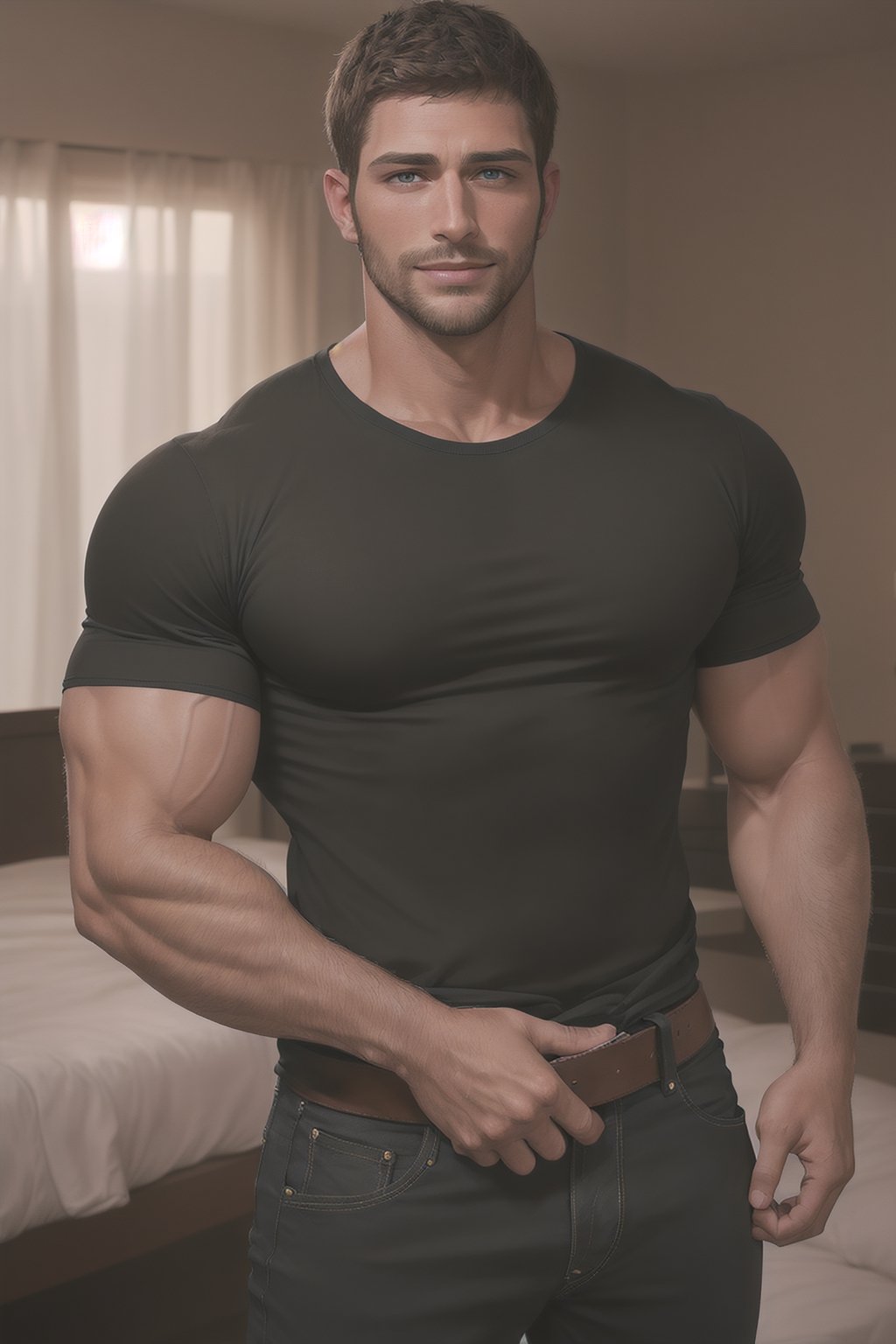 photo of muscular chris redfield in a worn ((soft black t-shirt, massive hairy pecs)), big pecs, big arms, large bulge, ((light bokeh)), intricate, (steel metal [rust]), elegant, erotic, exuding sexual energy, homoerotic, sharp focus, photo by greg rutkowski, soft lighting, vibrant colors, (masterpiece), ((modern bedroom)), (detailed face), looking at viewer, (handsome face: 1.5), brushed up hairs, light smile, wide open eyes, beard, jeans pants with leather belt,black-color