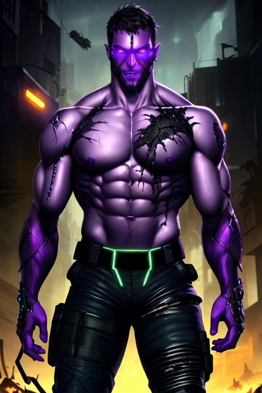 cyborg, handsome, cybernetic implants, ((detailed glowing purple eyes)), muscles, scars on the body from assimilation by machines, heavily damaged tactical pants with tactical belt, topless, short beard, hairy, cybernetic arms, exposed titanium skeleton, nanites in venis, smoke, huge flames, destroyed city, dark night, post-apocalyptic background, detailed face, HDR, 8k, horror, photy by greg rutkowski