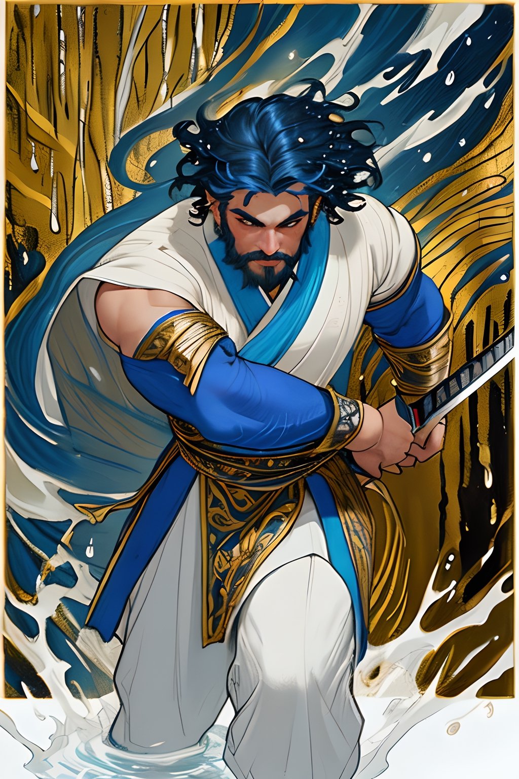 1man, masterpiece, best quality, detailed background, muscular male,looking at viewer, beard, detailed eyes, beautiful eyes,fit body,warrior in traditional wushu attire with blue metallic leg armor, wielding a long sword, The figure is muscular and well-proportioned, set against a Gustav Klimt-inspired abstract art panel,contour lighting and water droplets add depth,Flowing blue ribbons with an aged texture swirl around him,The composition blends whimsical hand-drawn elements with a touch of realism, portraying the warrior in a divine, heroic, and graceful stance,The overall style has an ink painting feel, with a palette of soft colors,
depth of field,