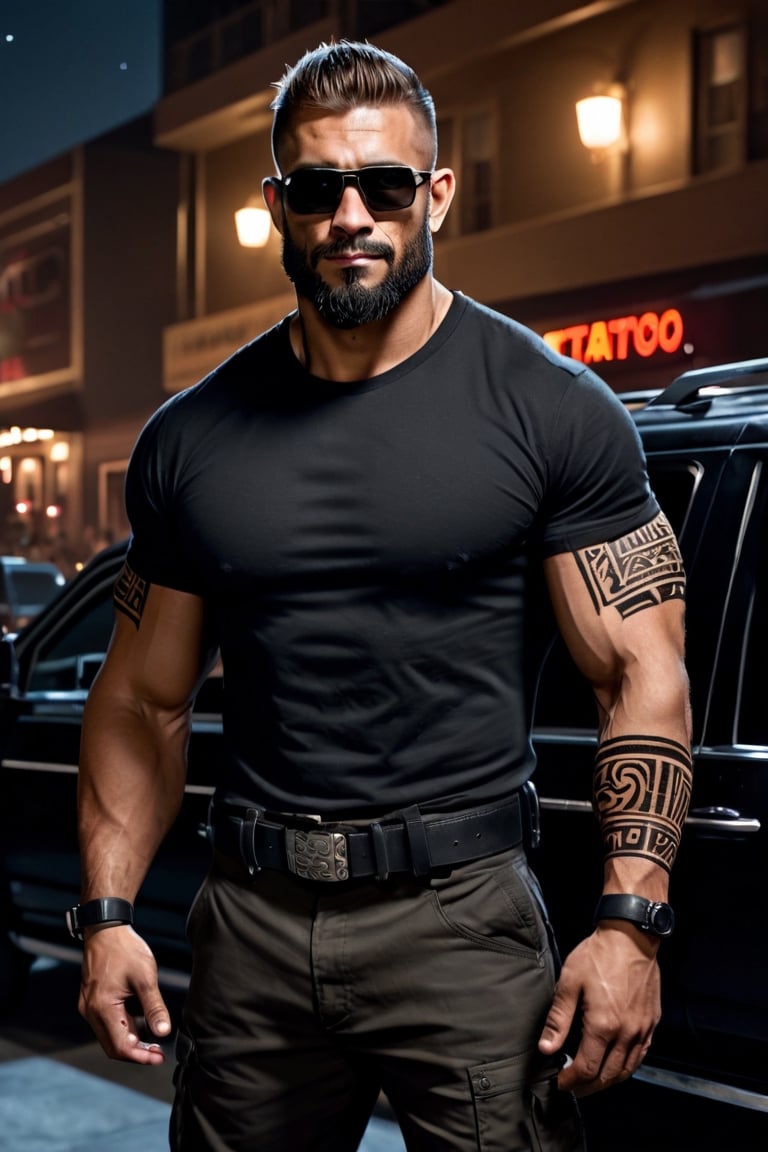 (masterpiece), handsome, arogant, smirk, young, bodyguard, bara, muscular, massive pecs, massive arms, long beard, ((full body black tribal tattoo)), short hair, black cargo pants with black belt, ((black slim bodyguard t-shirt)), sunglass,, ((detalied face)), ((detailed eyes)), night, black suv car in the background, night club entrance background, looking at viewer, Cinematic Lighting,Movie Still