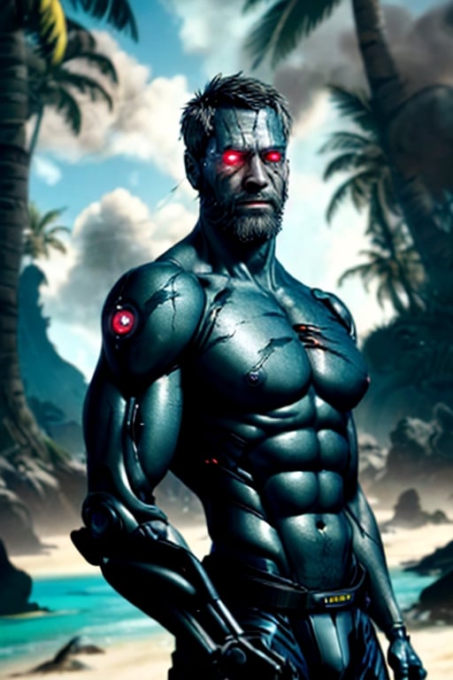 cyborg, handsome, cybernetic implants, detailed glowing eyes, muscles, scars on the body from assimilation by machines, nanotubes transmitting assimilation nanites inserted into their necks by a drone, heavily damaged tight tactical pants with tactical belt, topless, short beard, hairy, cybernetic arm, venis, light smoke, ((tropical island)), day, post-apocalyptic beach background, ((detailed face)), HDR, 8k, horror, photy by greg rutkowski,hairyalpha