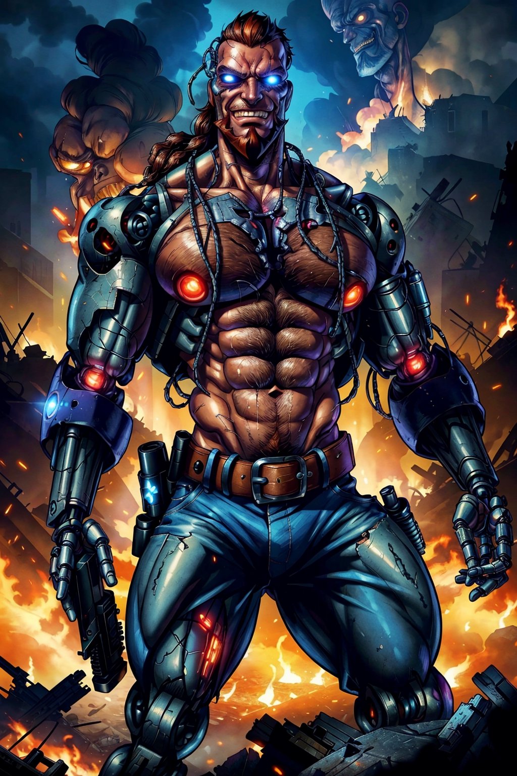 ((young Max Payne transformed by a machine into a cyborg)), muscular, massive pecs, massive arms, shirtless, worn out tactical pants with belt and gun, patrols and scans the street, ((grimace of pain)), ((massive body hair)), ((long beard)), ((short hair)), tropical island, destroyed city, big smoke, big flames, post-apocalypse, ((face details, eye details)), ((glowing eyes)), horror, looks at the viewer,(1man)