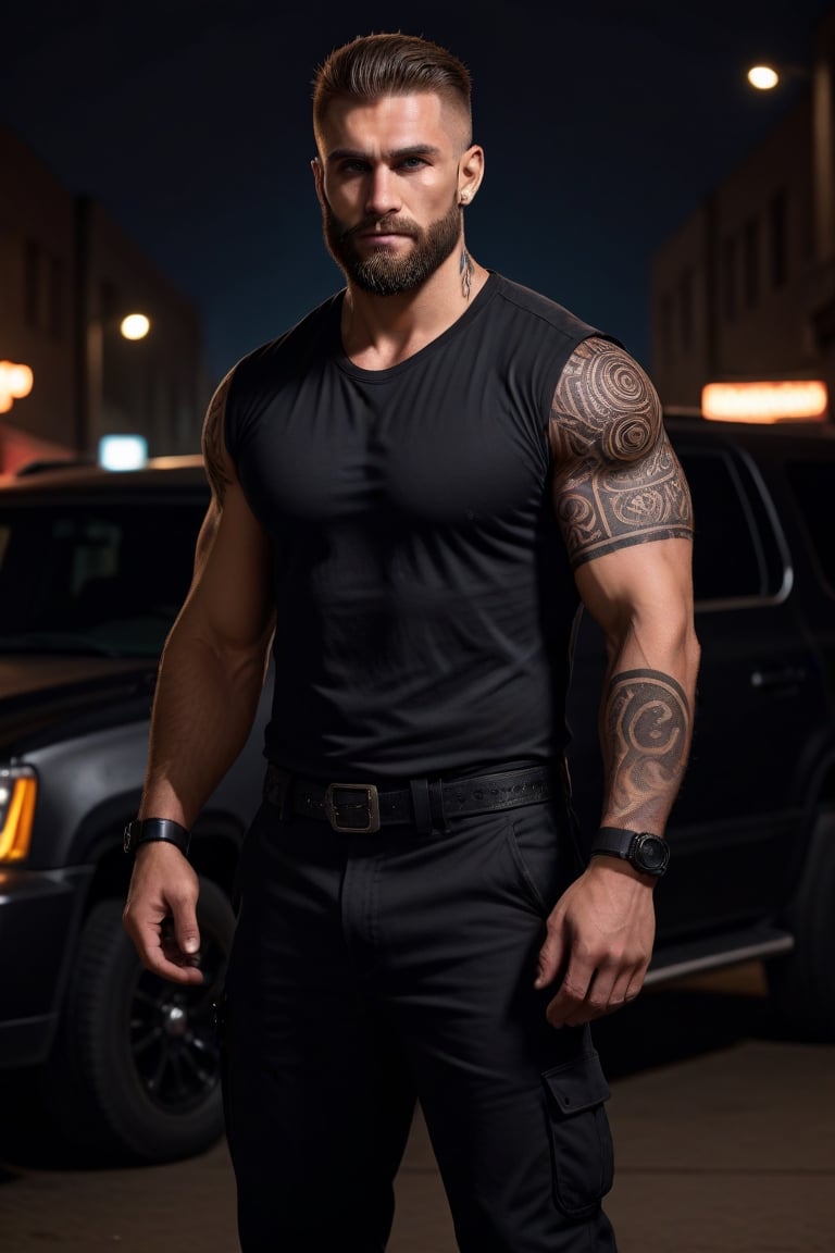 (masterpiece), handsome, arogant, smirk, young, bodyguard, bara, muscular, massive pecs, massive arms, long beard, ((full body black tribal tattoo)), short hair, black cargo pants with black belt, ((black slim bodyguard casual shirt)), ((detalied face)), ((detailed eyes)), night, black suv car in the background, night club entrance background, looking at viewer, Cinematic Lighting,Movie Still,colorful,<lora:659095807385103906:1.0>