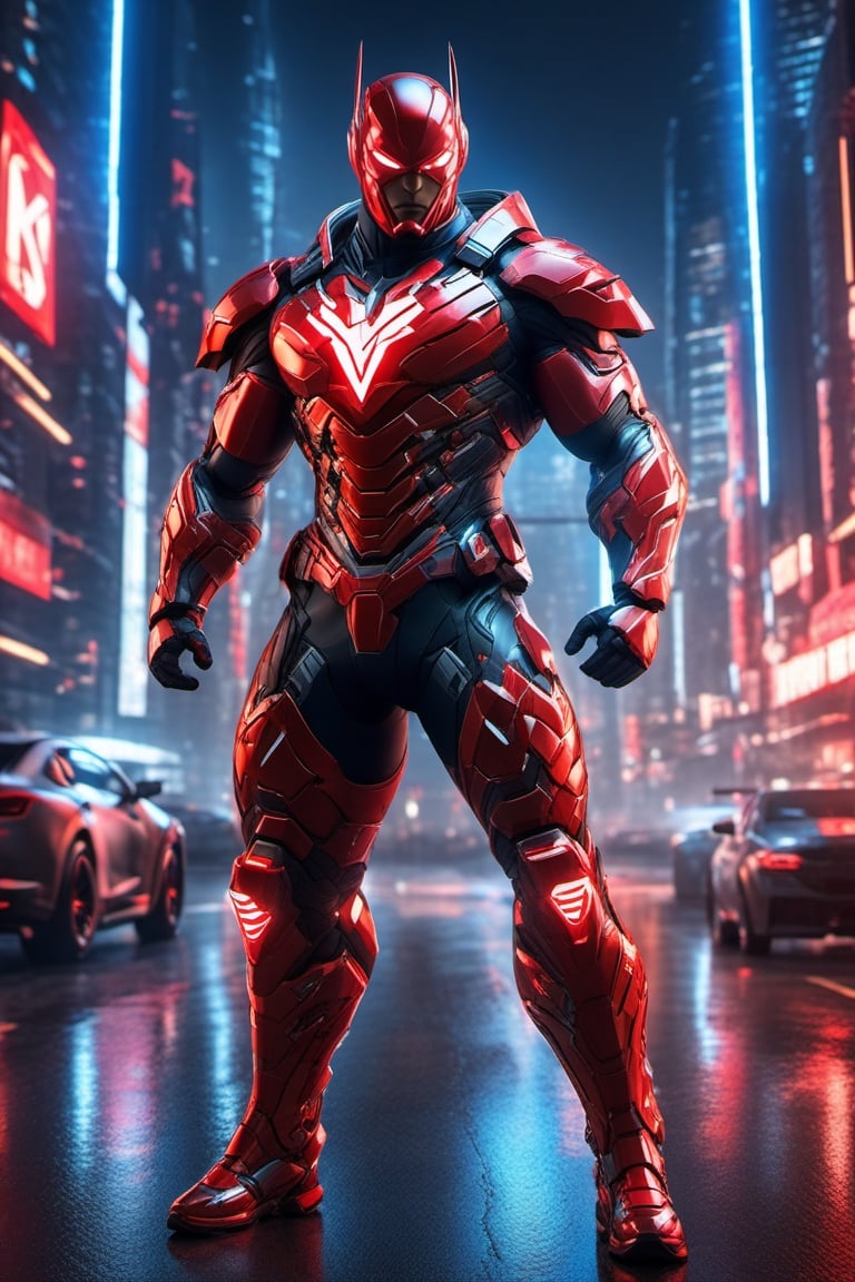 full body, facing camera, hero pose, looking at viewer, [Flash] 3D rendering, muscles, highly detailed eyes, perfect body, detailed with armor and neon cybernetics Light and dark red, night city background, intricately detailed , hdr, 8k, subsurface dispersion, specular lighting, high resolution, octane rendering, neon ray tracing,