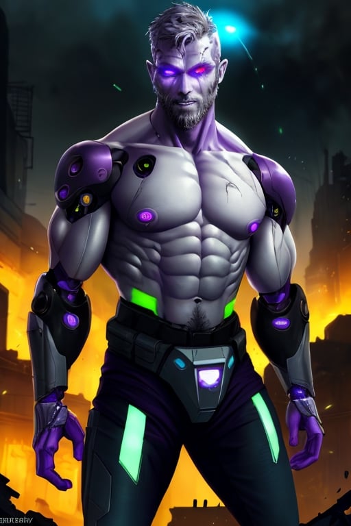 cyborg, handsome, cybernetic implants, ((detailed glowing purple eyes)), muscles, exposed titanium skeleton, grey skin, heavily damaged tactical pants with tactical belt, topless, short beard, hairy, cybernetic arms, nanites in venis, smoke, huge flames, destroyed city, dark night, post-apocalyptic background, detailed face, HDR, 8k, horror, photy by greg rutkowski