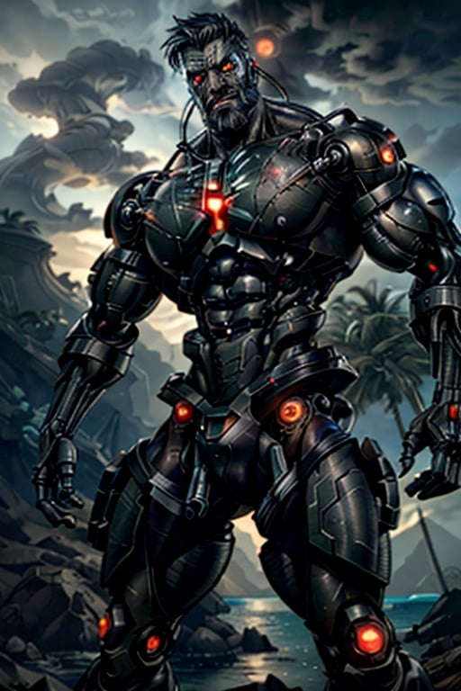 cyborg, handsome, cybernetic implants, detailed glowing eyes, muscles, scars on the body from assimilation by machines, nanotubes transmitting assimilation nanites inserted into their necks by a drone, heavily damaged tight tactical pants with tactical belt, topless, short beard, hairy, cybernetic arm, venis, light smoke, ((tropical island)), day, post-apocalyptic beach background, ((detailed face)), HDR, 8k, horror, photy by greg rutkowski, the best quality