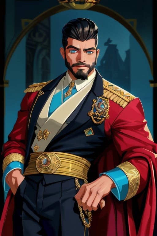 handsome Latino male, emperor of skarland, ((detalied face)), ((detalied eyes)), painting, Intricate, Sharp focus, dramatic, portrait, elegant suite pants, elegant jacket, muscular, short beard, elegant pose, royal palace hall background, professional,1boy