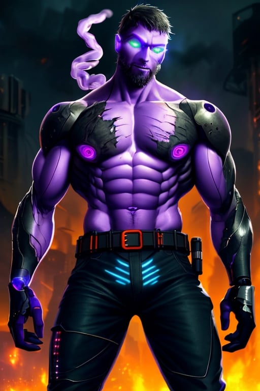 cyborg, handsome, cybernetic implants, ((detailed glowing purple eyes)), muscles, scars on the body from assimilation by machines, heavily damaged tactical pants with tactical belt, topless, short beard, hairy, cybernetic arms, exposed titanium skeleton, nanites in venis, smoke, huge flames, destroyed city, dark night, post-apocalyptic background, detailed face, HDR, 8k, horror, photy by greg rutkowski