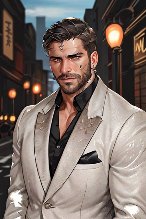 Latino male, king of skarland, contemporary, ((detalied face)), ((detalied eyes)), painting, Intricate, Sharp focus, dramatic, portrait, elegant suite pants, elegant suite jacket, muscular, short beard, city street background, professional,1boy,handsome male,Miguel