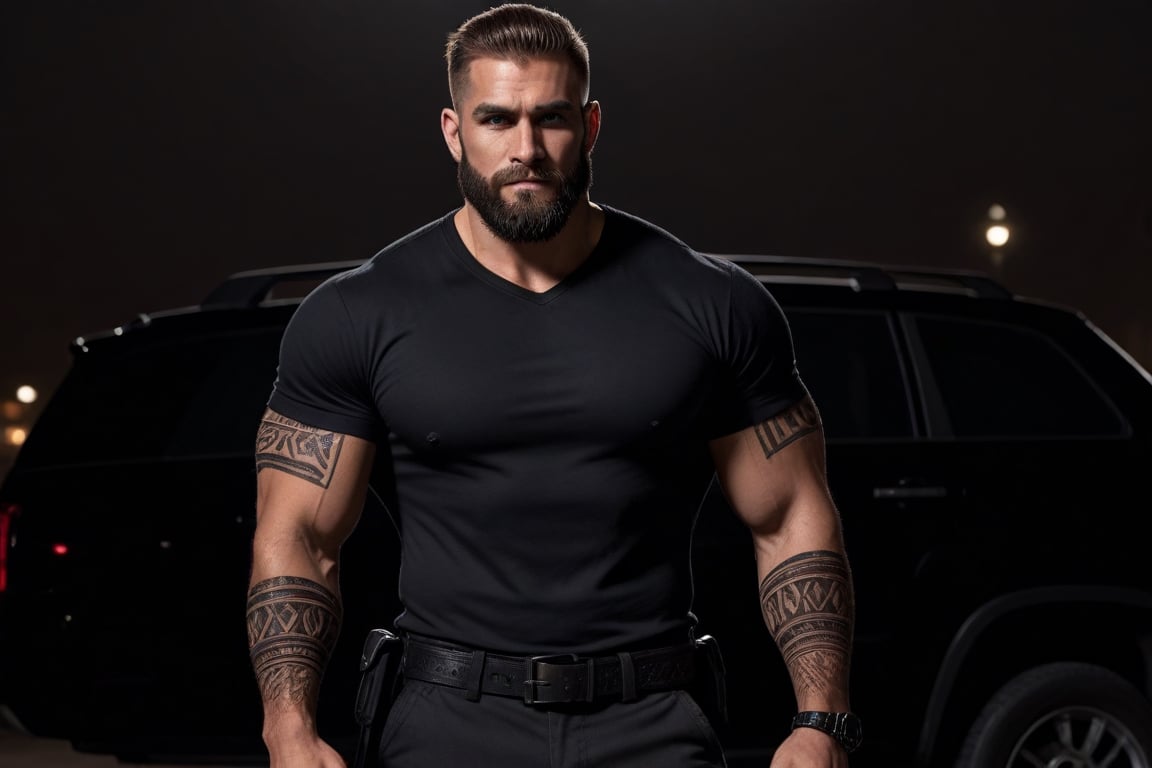 (masterpiece), handsome, arogant, smirk, young, bodyguard, bara, muscular, massive pecs, massive arms, long beard, ((full body black tribal tattoo)), short hair, black cargo pants with black belt, ((black slim bodyguard casual shirt)), ((detalied face)), ((detailed eyes)), night, black suv car in the background, night club entrance background, looking at viewer, Cinematic Lighting,Movie Still,colorful,<lora:659095807385103906:1.0>