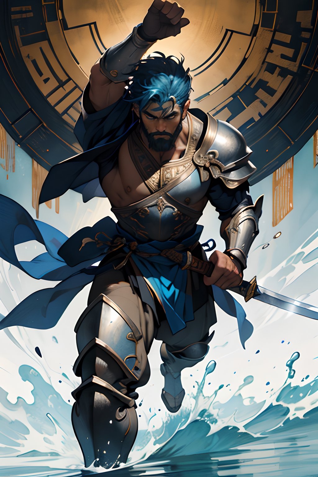 1man, masterpiece, best quality, detailed background, muscular male,looking at viewer, beard, detailed eyes, beautiful eyes,fit body,warrior in traditional wushu attire with blue metallic leg armor, wielding a long sword, The figure is muscular and well-proportioned, set against a Gustav Klimt-inspired abstract art panel,contour lighting and water droplets add depth,Flowing blue ribbons with an aged texture swirl around him,The composition blends whimsical hand-drawn elements with a touch of realism, portraying the warrior in a divine, heroic, and graceful stance,The overall style has an ink painting feel, with a palette of soft colors,
depth of field,