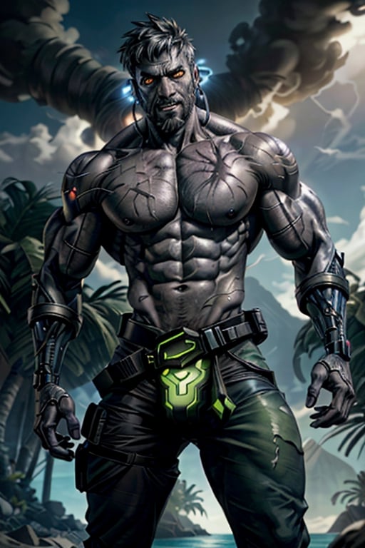 cyborg, handsome, cybernetic implants, detailed glowing eyes, muscles, scars on the body from assimilation by machines, nanotubes transmitting assimilation nanites inserted into their necks by a drone, heavily damaged tight tactical pants with tactical belt, topless, short beard, hairy, cybernetic arm, venis, light smoke, ((tropical island)), day, post-apocalyptic beach background, ((detailed face)), HDR, 8k, horror, photy by greg rutkowski, the best quality