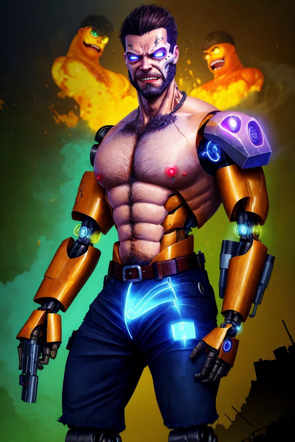 ((young Max Payne transformed by a machine into a cyborg)), muscular, massive pecs, massive arms, shirtless, worn out tactical pants with belt and gun, patrols and scans the street, ((grimace of pain)), ((massive body hair)), ((long beard)), ((short hair)), tropical island, destroyed city, big smoke, big flames, post-apocalypse, ((face details, eye details)), ((glowing eyes)), horror, looks at the viewer,(1man)